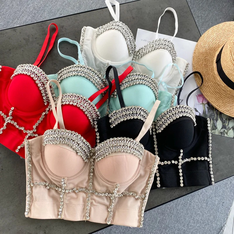 

Foamlina Стразы Украшения укороченные топы для женщин сексуальный корсет майка Топ Роскошный Блестящий бюстгальтер пуш-ап модные Клубные наря...