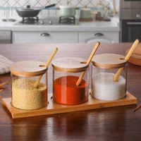 1 set of glass spice jars kitchen condiment jars sugar can food storage containers with bamboo lid and wooden spoon for tea