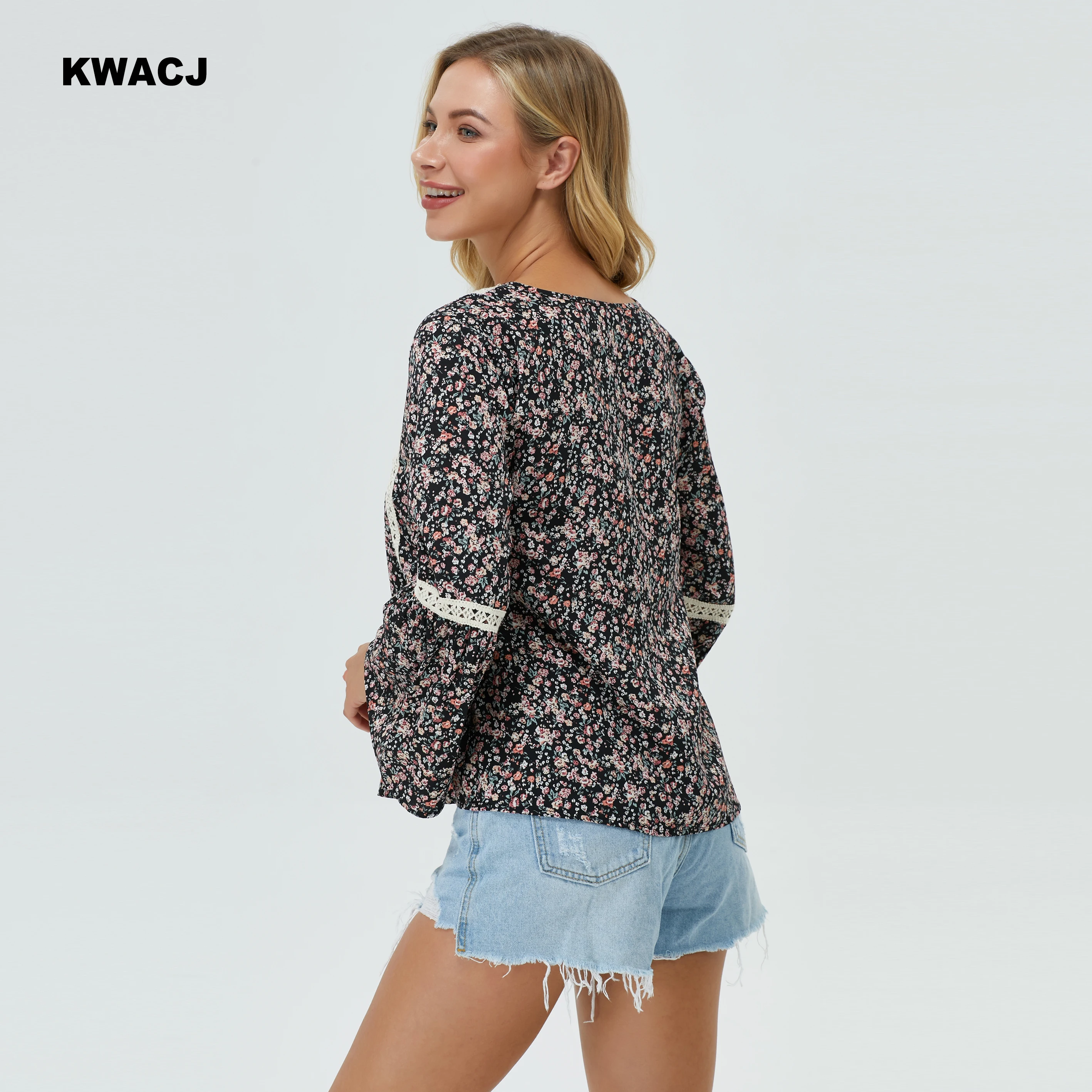 KWACJ Floral Print Women Blouse Flare Long Sleeve Lace Decoration Tassel Bow Ladies Vintage Tops Casual Boho Clothing | Женская одежда