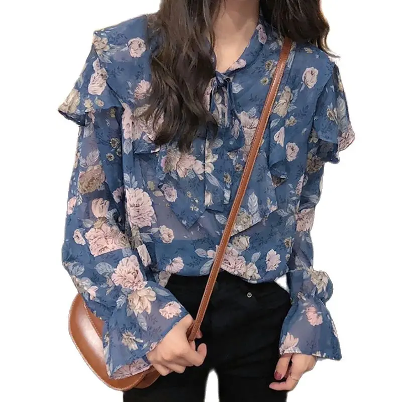 

Blouses Women Chiffon Spring New Fashion Puff Long Sleeve O Neck Casual Blusas Mujer De Made Ruffles Floral Pullover Shirt Femme