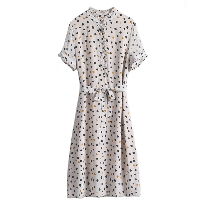 

Stand Collar Temperament Summer Dress Women Short Sleeved Polka Dot Knee Length Chiffon Dresses S-2XL