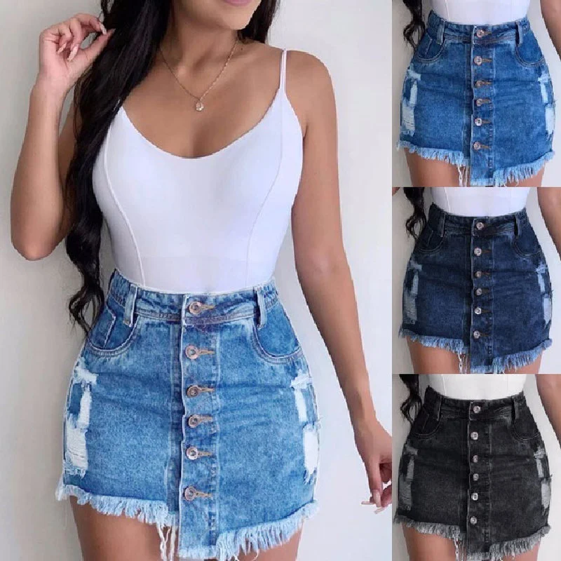 

Women Summer Denim Skirts High Waist Button Jeans Skirts Ladies Ripped Hole Tassel Skirt