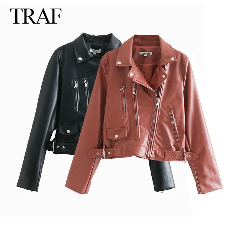 

TRAF ZA 2021 Autumn Jackets For Women Faux Leather Black Motorcycle Jacket Zip Pocket Streetwear Vintage Loose Chic Short Coat