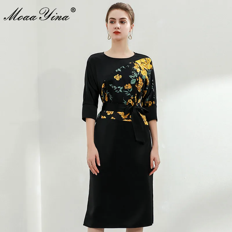 

MoaaYina 2021 Fashion Designer Summer Elegant Black Midi Dress Women's O-neck Belt High waist Floral print Elegant Party Dress