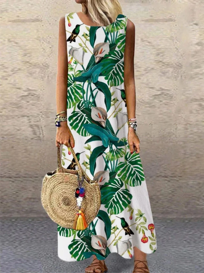 

2021 Women Sundress Vintage O-Neck Long Maxi Dress Female Casual Floral Pinted Summer Dress Beach Boho Dresses Vestidos Robe