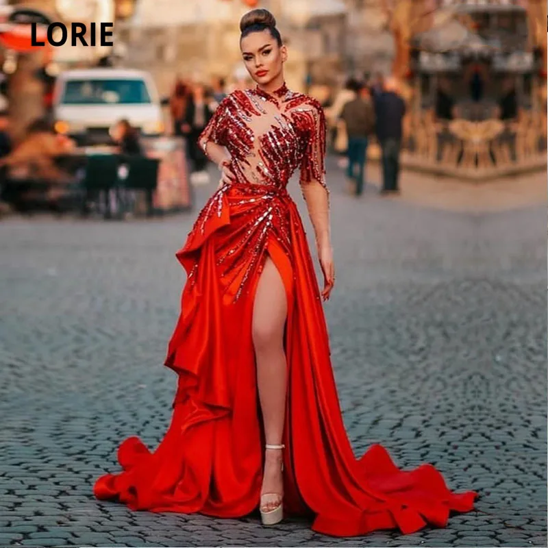 LORIE vestido de noche árabe de alta costura, cuello alto con cuentas de Rhonestones, rojo, manga larga, Sexy, para fiesta de graduación, Dubai (0)