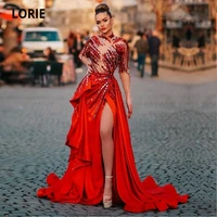 lorie high couture arabic evening dress high neck beaded with rhonestones red long sleeve sexy dubai prom gown party dresses