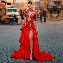 LORIE vestido de noche árabe de alta costura, cuello alto con cuentas de Rhonestones, rojo, manga larga, Sexy, para fiesta de graduación, Dubai (2)
