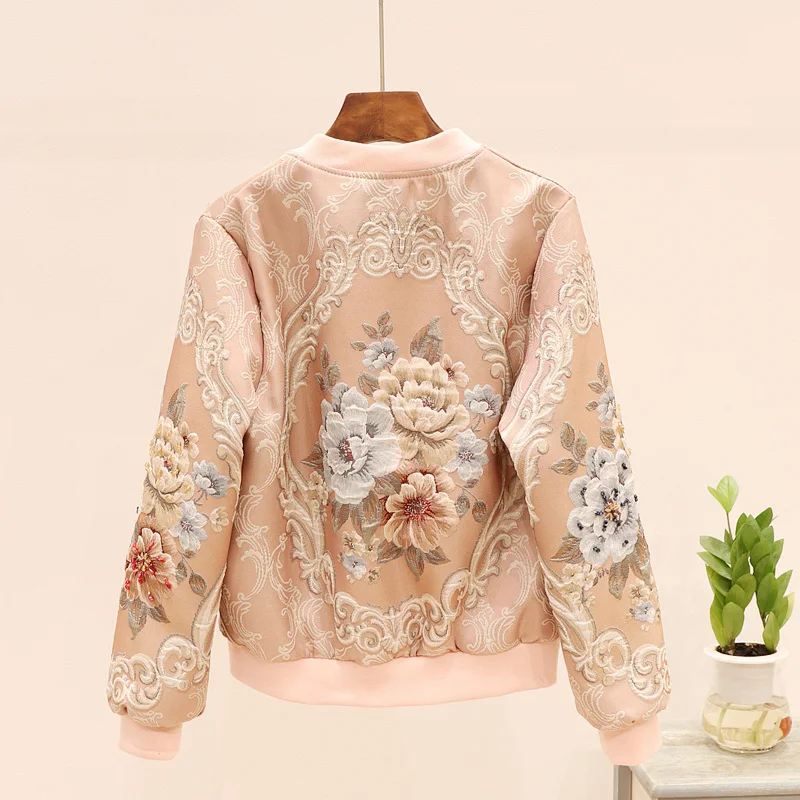 

Short Bomber Jacket Flower Dobby Pearl Beads Autumn Casual Baseball Pilot Jacket Women Long Sleeve Harajuku Vintage Sport Coat