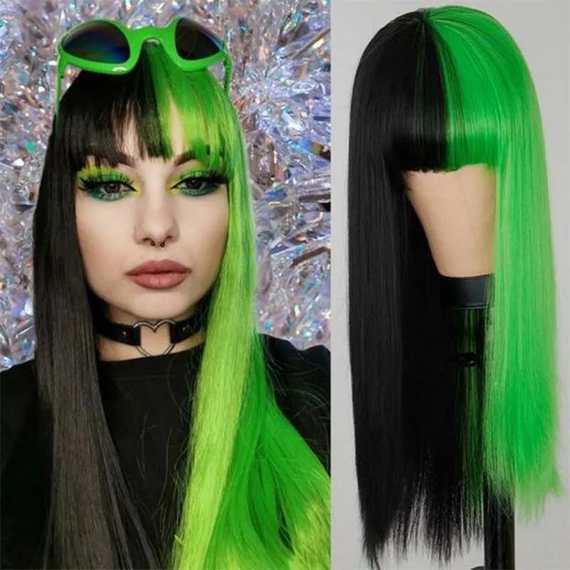 

XQ Green and black wigs, long straight hair, Cosplay wig, two-color gradient color, synthetic hair for women, wigs for parties