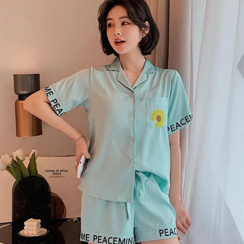 

2PCS PJS With Shorts Lapel Women Satin Pajamas Summer Print Flower Sleepwear Button-Down Loungewear Thin Pyjamas Home Clothes