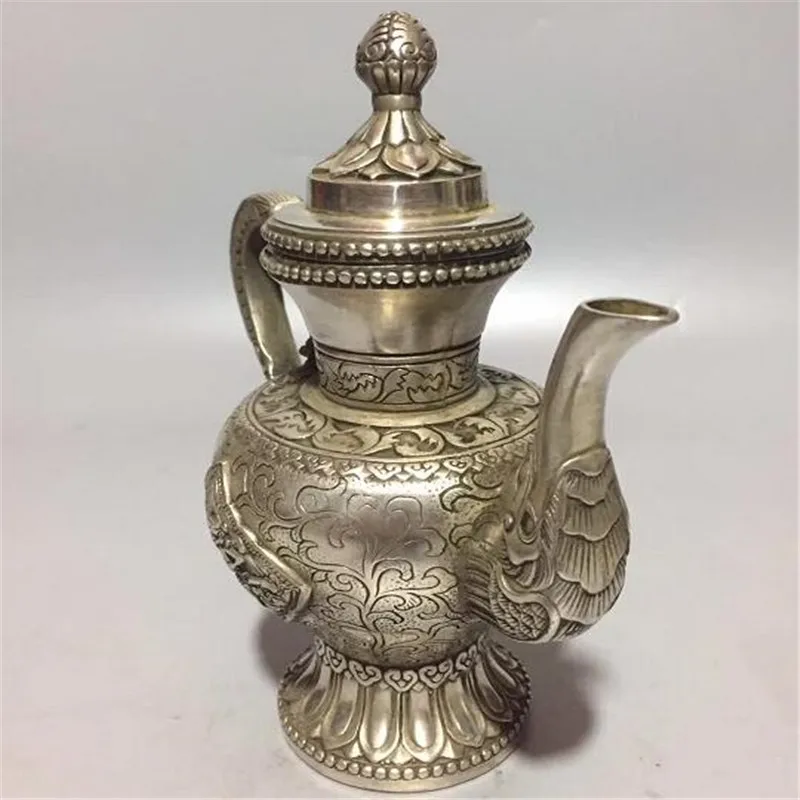 Китайская бронзовая резьба тибетский серебряный чайник с драконом статуя