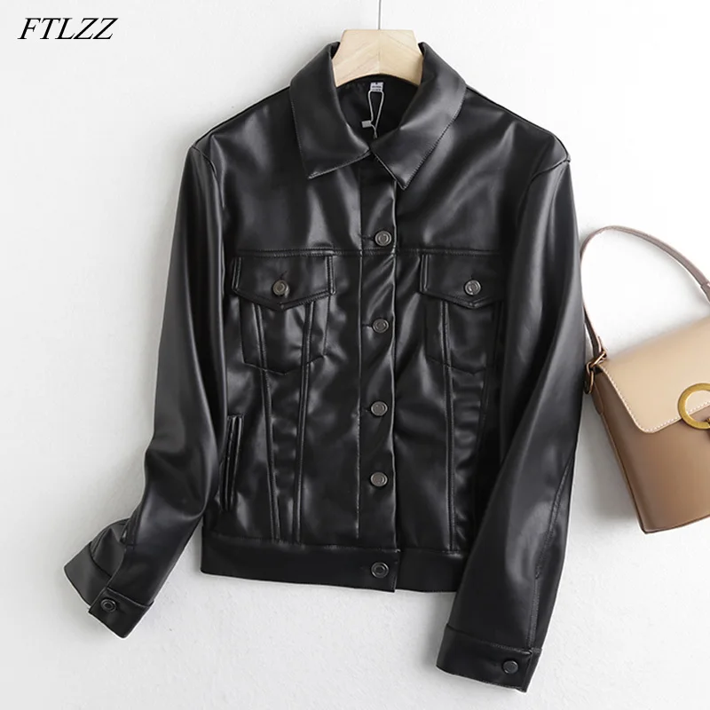 

FTLZZ Autumn Soft Faux Leather Short Jacket Women Spring Lapel Warm Pu Leather Coat Single Breasted Design Moto Biker Outwear
