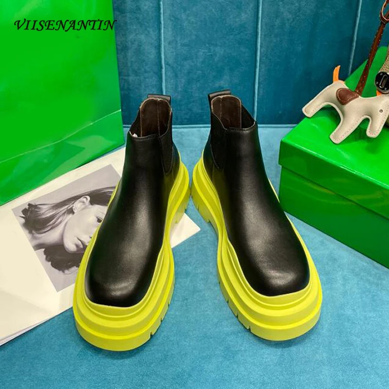 

2021 new British style avocado green thick-soled big-toed short boots wild Martin boots sponge cake mid-tube Chelsea boots women