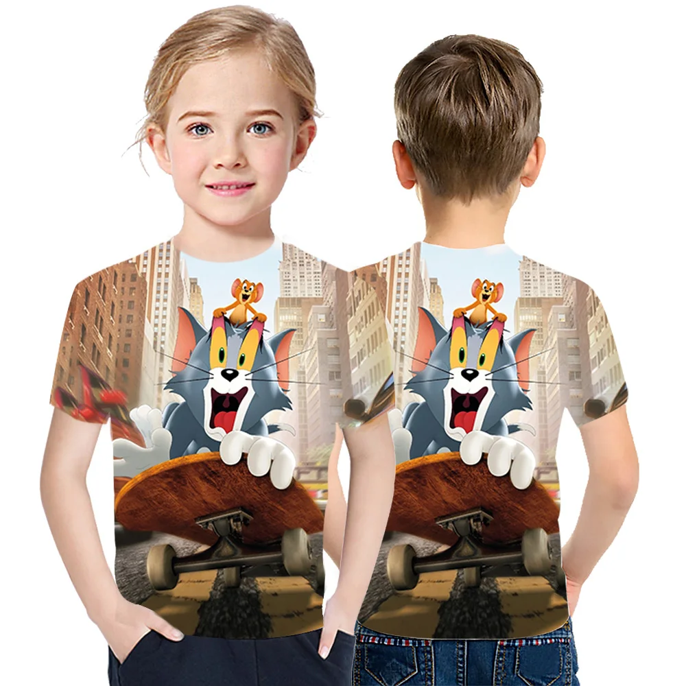 

Classic Anime Cat And Mouse 3D printed cotton Children's T-Shirt Summer Men's Girls' plus size Harajuku style Top