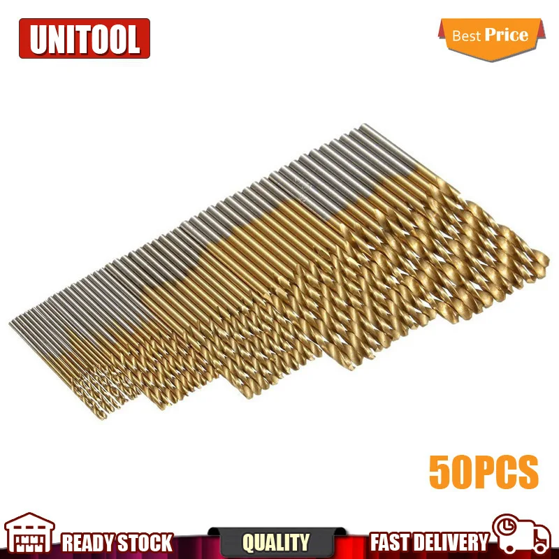 

50pcs High Speed Steel Twist Drill 1.0/1.5/2.0/2.5/3.0mm Titanium Coated HSS Drill Woodworking Hand Tools Drill Bit Set