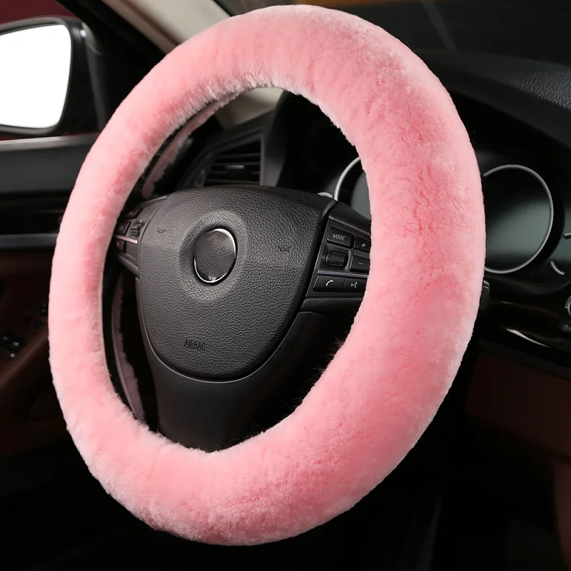 Korean Pink Натуральный мех овечья шерсть овчина чехол рулевого колеса автомобиля для взрослых авто Универсальный с новым дизайном флаг России цвет - Название цвета: Korean Pink