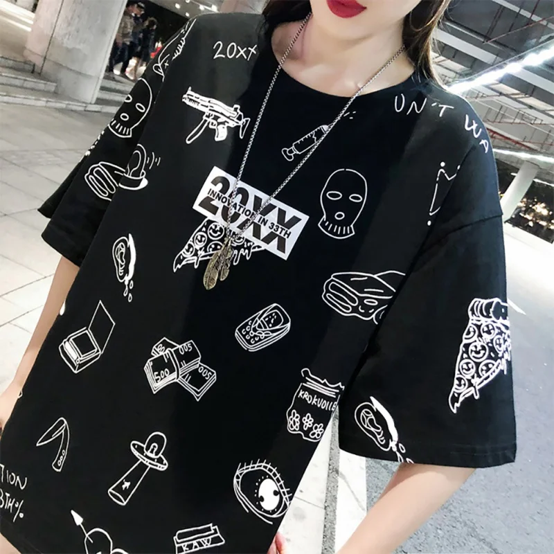 

Women Summer Black Tops Casual T-shirt Printed Short Sleeve Tees Long Pullovers