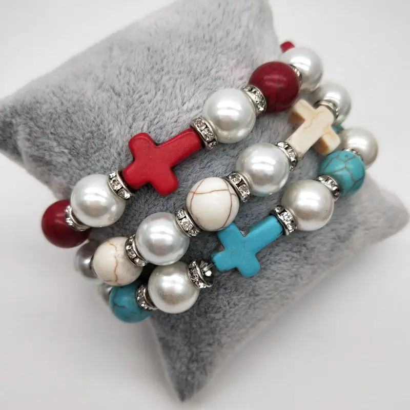 

QIGO Fashion Women Jewelry Cross Pearl Beaded Bracelet Gifts Red White Blue