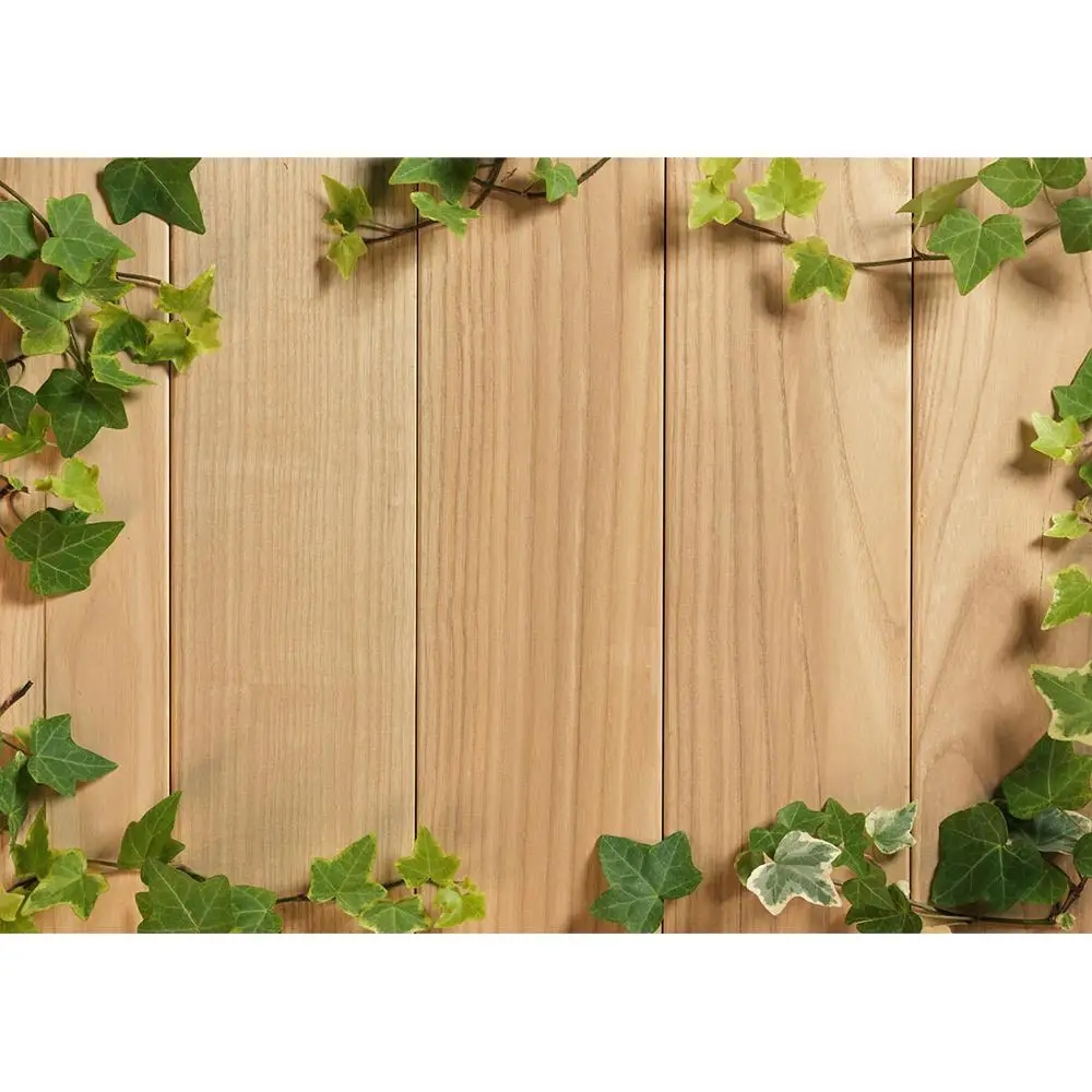 Зеленые листья фон с изображением деревянных доскок фото виниловый тканевый для