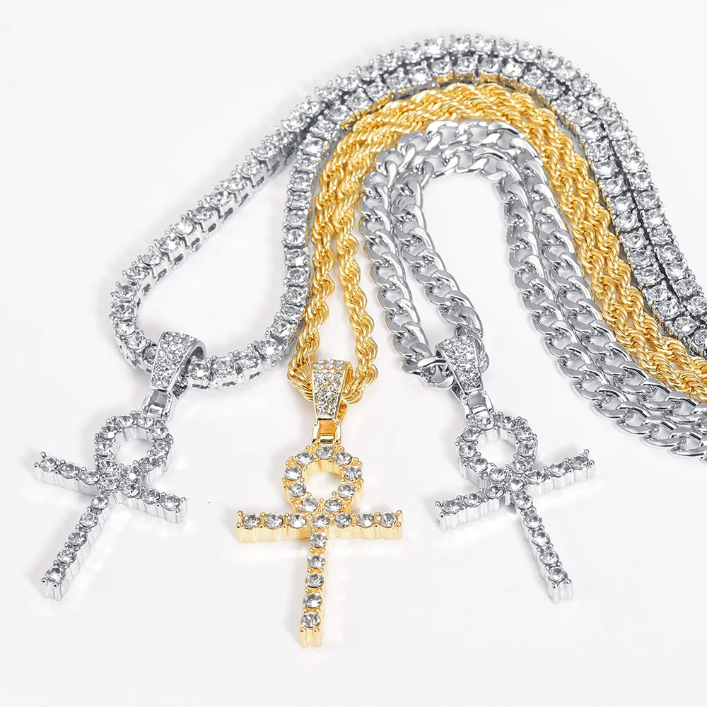 

Iced Out Ankh Cross Pendant Necklace With 4mm Zicron Tennis Chain Iced Out Bling Chain Necklace For Men Rhinestone Link Chain