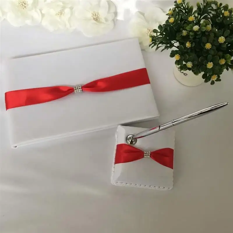 Bow Decor Guest Book Guestbook Classic White Ribbon Design with Sign Pen Hardbound In for Wedding 1Set | Дом и сад
