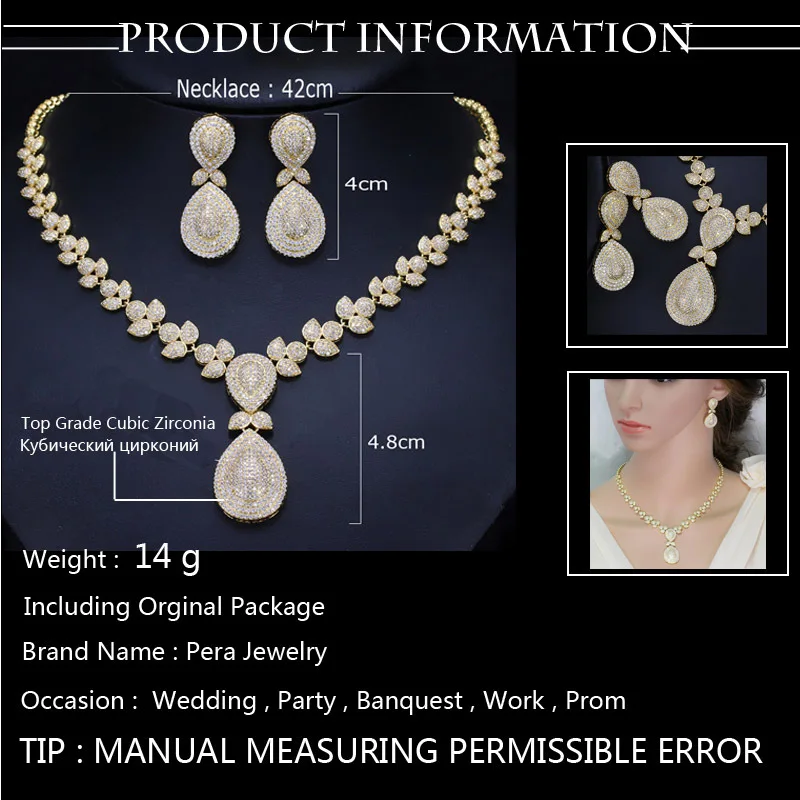 

Pera Elegant Dubai Women Pear Drop Jewelry Sets Bridal Cubic Zirconia Pendant Necklace and Earrings Set For Wedding Gift J221