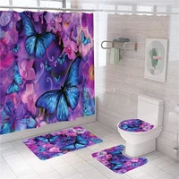 purple butterfly flower shower curtain with non slip rug mat bathroom curtains waterproof polyester bathroom curtain with hooks