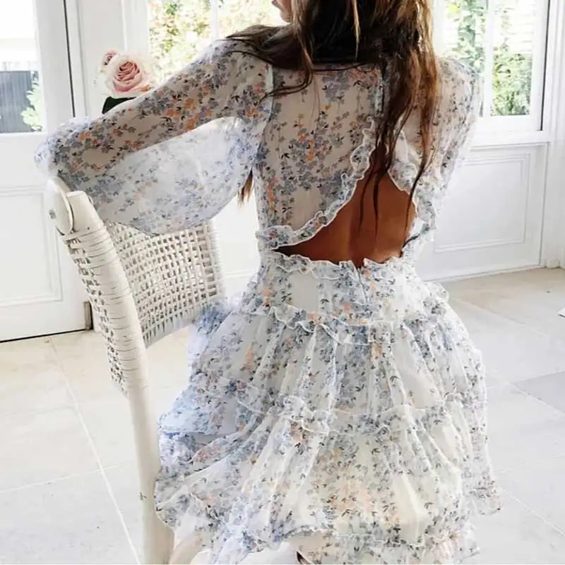 

BOHO INSPIRED Harlow Floral Print Ruffle Dress women backless V-neck dress women mini plus size dress ladies 2021 party dress