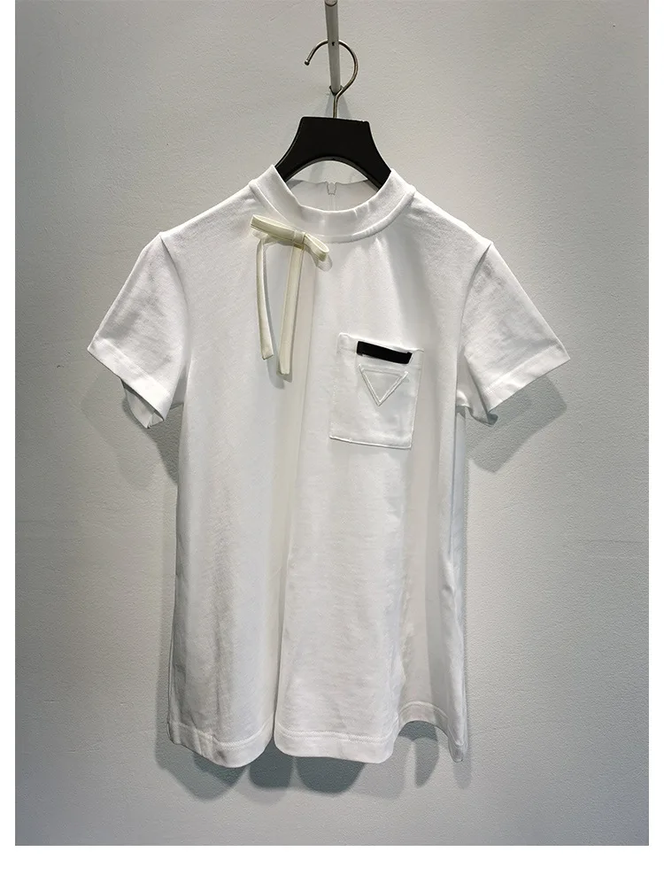 

Simple T-shirt Women's 2021 Spring/Summer New Bow Design Round Neck Casual A- Line Short-Sleeved Cotton Tshirts Tops for Ladies