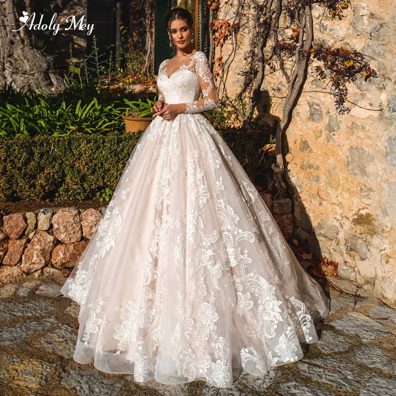 Adoly Mey Gorgeous Appliques Court Train A-Line Wedding Dresses 2020 Elegant Scoop Neck Long Sleeve Vintage Bride Gown Plus Size | Свадьбы и