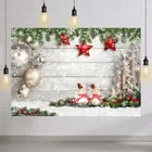 Фон для фотосъемки с изображением белого Дерева Рождественского сарая деревянного пола красные звезды ветки сосны снежинки зимы снеговика