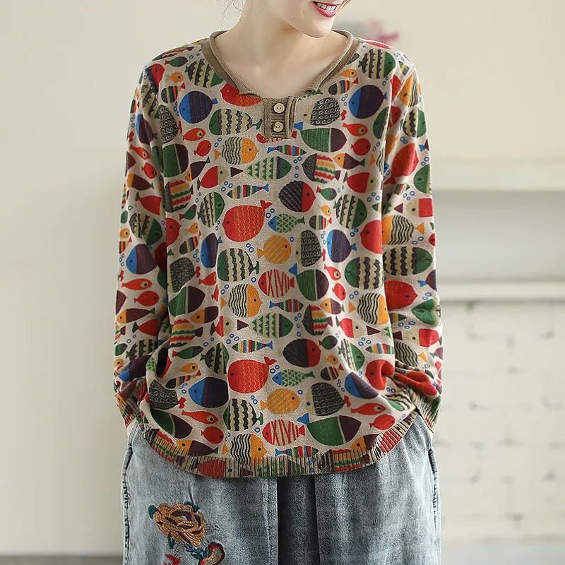 Весна-Осень 2020 свитер в стиле ретро Женский вязаный Свободный пуловер с принтом