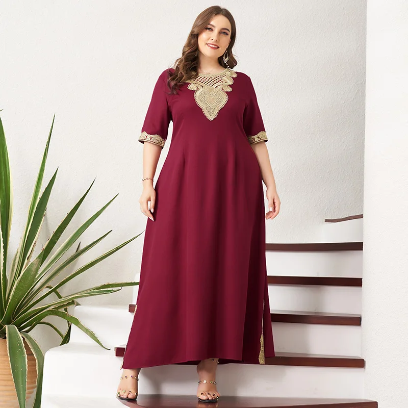 

MakFound Elegant Plus Size Dresses 3XL 4XL Dark Red Golden Lace Color Matching Slim Robe Seam Hem Split Vintage Party Dress