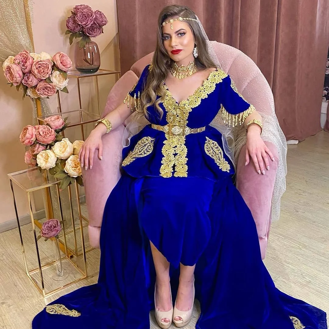 

Karakou Algerien Royal Blue Turkey Evening Dress 2022 With Overskirt Train Sexy V Neck Short Sleeve Prom Dresses Caftan Mariage