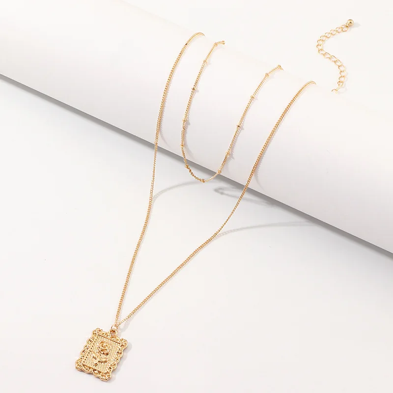 SRCOI Boho Rose Square Pendant Multi Layer Choker Necklace Fashion Simple Chain Metal Flower Women Girl Party 2019 | Украшения и