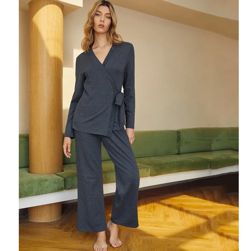 

Женская пижама кимоно с v-образным вырезом, топ, одежда для отдыха, комплект Домашняя одежда, комплект из 2 предметов, пижамный комплект