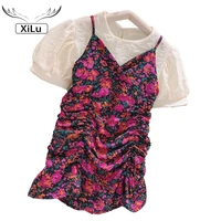 fashion girl suit floral sling dress with inner short sleeve two piece suit kids clothes girls kids boutique clothing wholesale