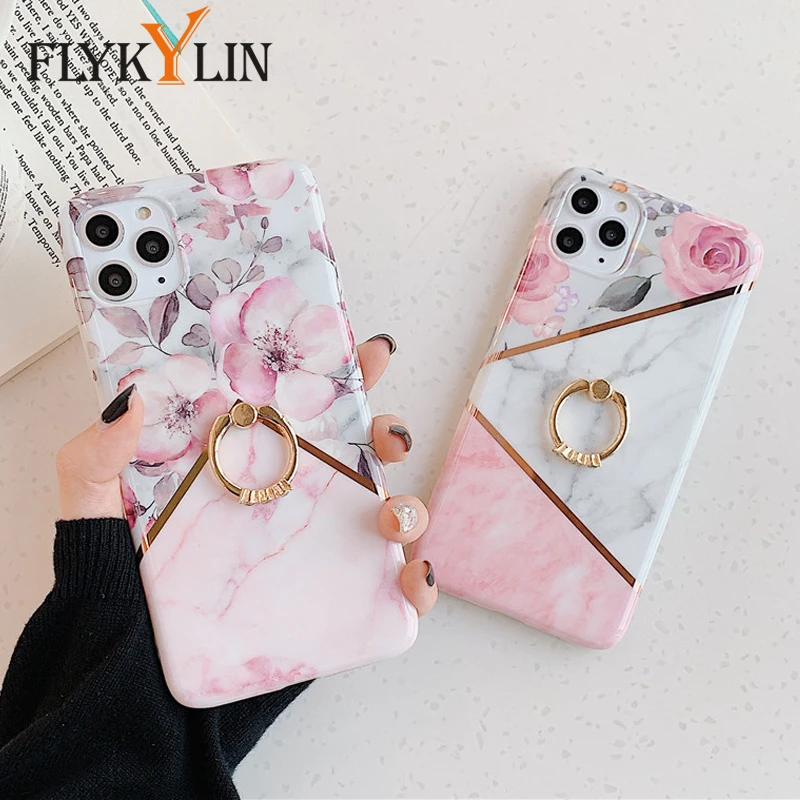 FLYKYLIN чехол с кольцом подставкой и цветочным рисунком для iphone11 Pro Max XS XR X 6 6S 7 8 Plus