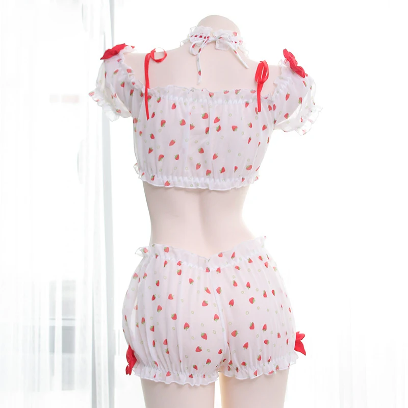 

Japanese Kawaii Sexy Women 3PCS Lingerie Set Lolita Girls Strawberry Bowknot Ruffle Camisoles Set Anime Cosplay Underwear Set