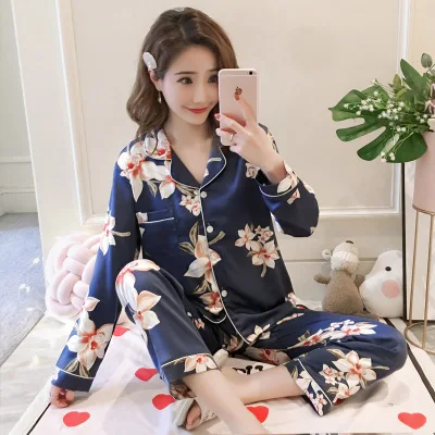pyjamas women Большой размер 5XL женский атласный Шелковый пижамный комплект с длинным рукавом Цветочный комплект из двух предметов сексуальная пижама Пижамный костюм Женская одежда для сна - Цвет: pyjamas women