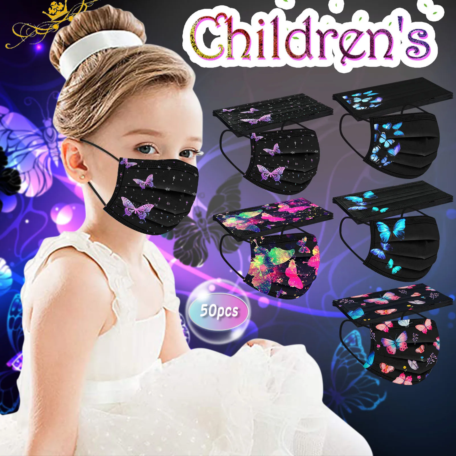 

50pc Butterfly Black Masks For Children Fashion Disposable Masks Patterned 3ply Filter Masks Breathable Masque No Decoration