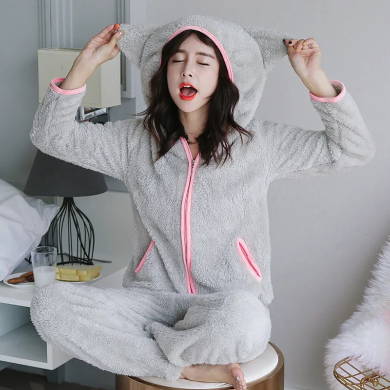 

H5698 женская теплая плотная Пижама зимняя фланелевая ночная рубашка с капюшоном и длинными рукавами женский корейский красивый мультяшный п...