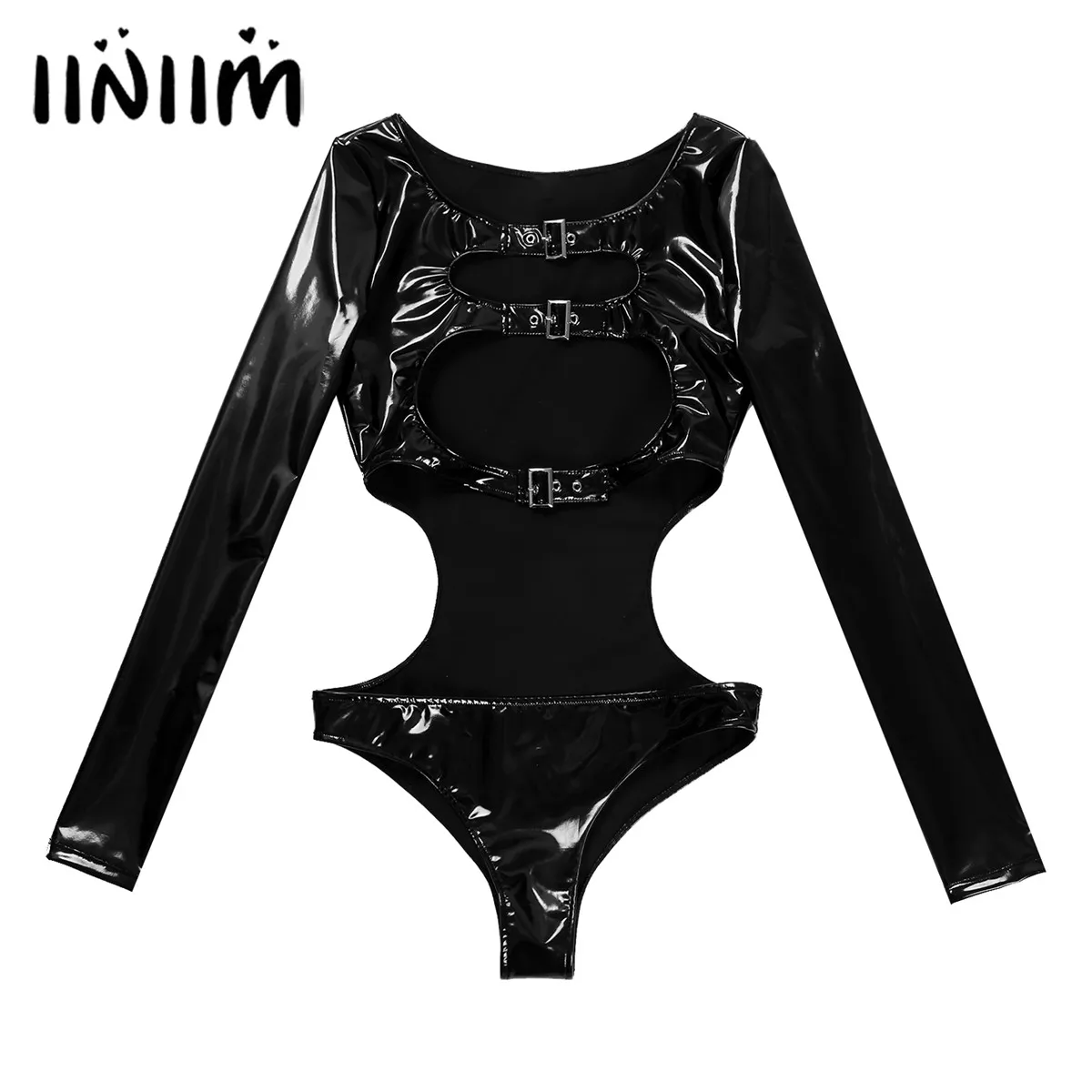 

Women Glossy Patent Leather Jumpsuit Long Sleeve Bodysuit Underwear Adjustable Buckle Hollow Out Wet Look Catsuit Clubwear