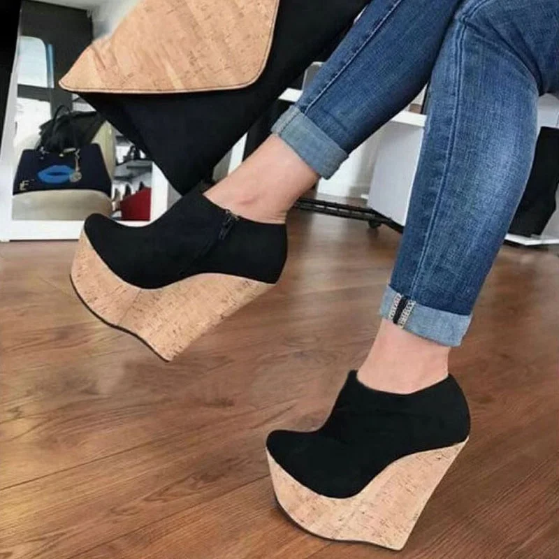

2022 Spring Autumn Fashion Flock Round Toe Zip Cork Platform Wedges Heel Mules Sexy Woman Pumps Nightclub Shoes