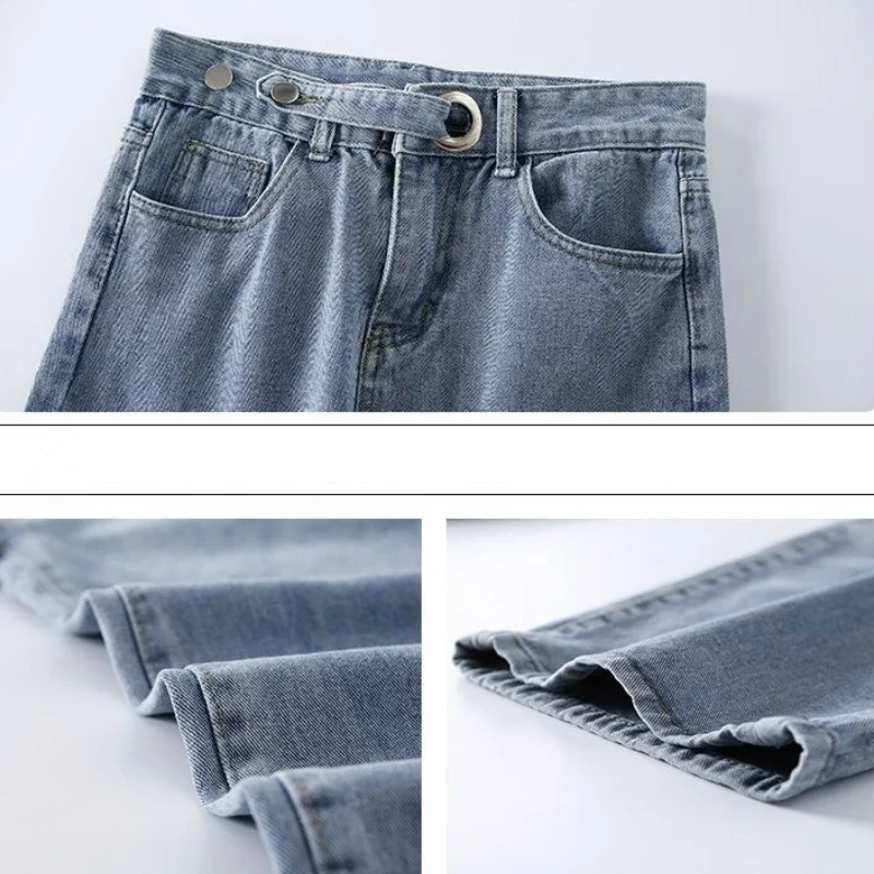 

Jeans Women Adjustable Waist Ins Solid Simple Casual Womens Wide Leg Denim Trousers Streetwear All-match Spring Autumn Fashion