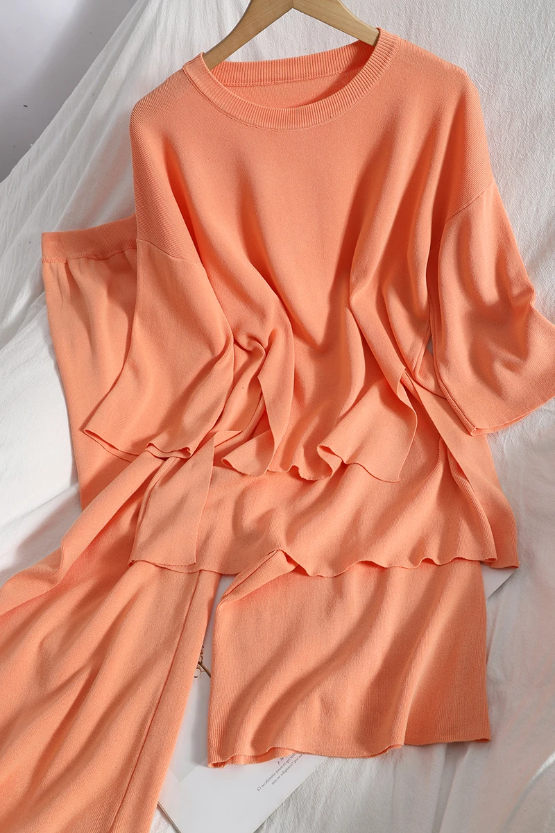 

Front Short Back Long Split Korean Pullover Middle Sleeve Top + Slim Loose Wide Leg Pants Spring Knitting Two Piece Set