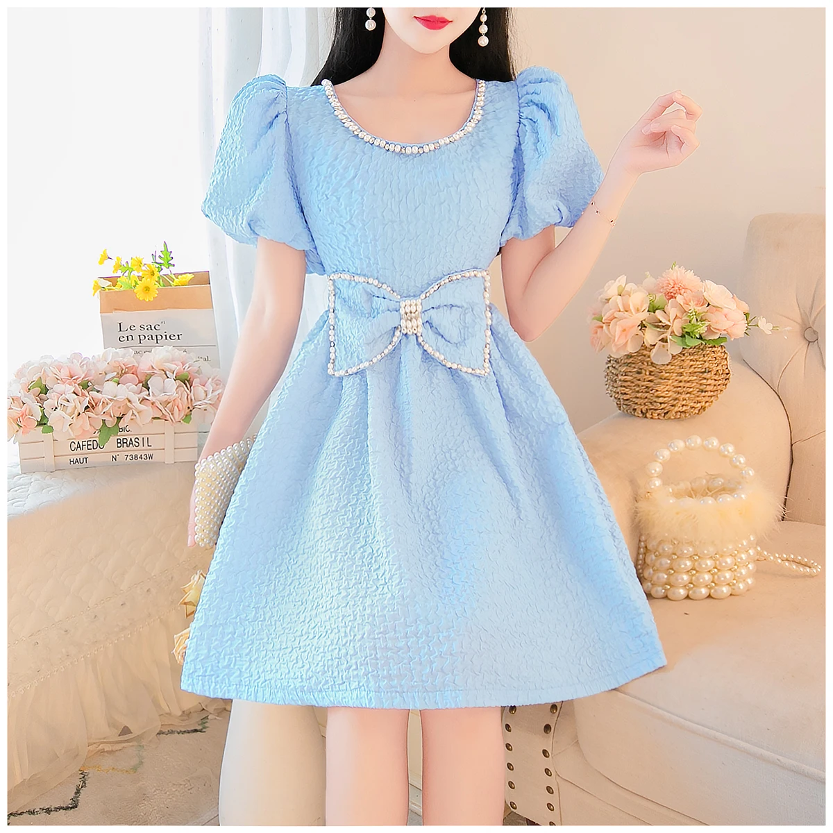 

2021 Summer New Arrival Women Solid Color Slim O-Neck Short Puff Sleeve Dress Fashion Sweet Bow High Waist A-Line Dress Female