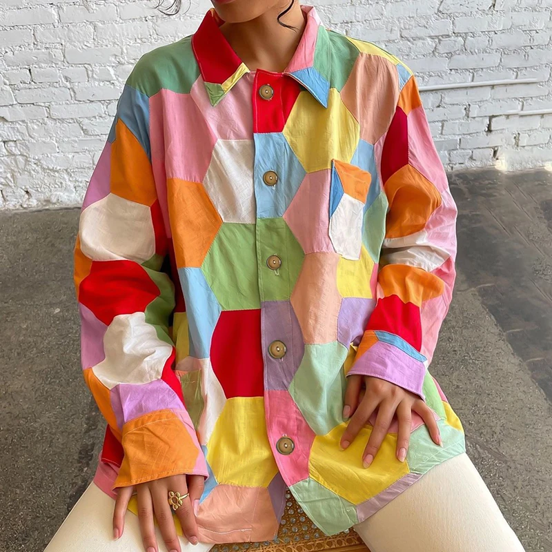 

Женская Повседневная рубашка с длинным рукавом, однобортный Свободный кардиган с геометрическим принтом и отложным воротником, уличная од...