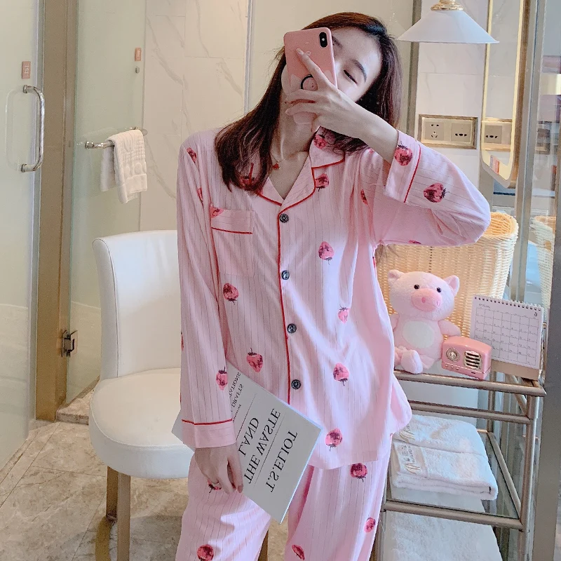 Пижамы для женщин с длинным рукавом в клетку в Корейском стиле розовый Kawaii пижамный комплект размера плюс женская домашняя одежда мягкая с отложным воротником